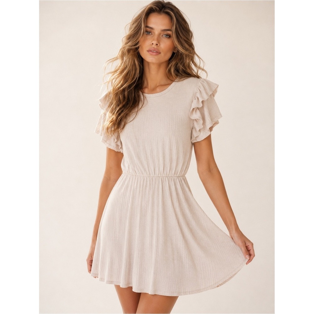 Urban Rose Knit Mini Dress Cottagecore Ruffle Sleeve Summer Wedding Event Ribbed